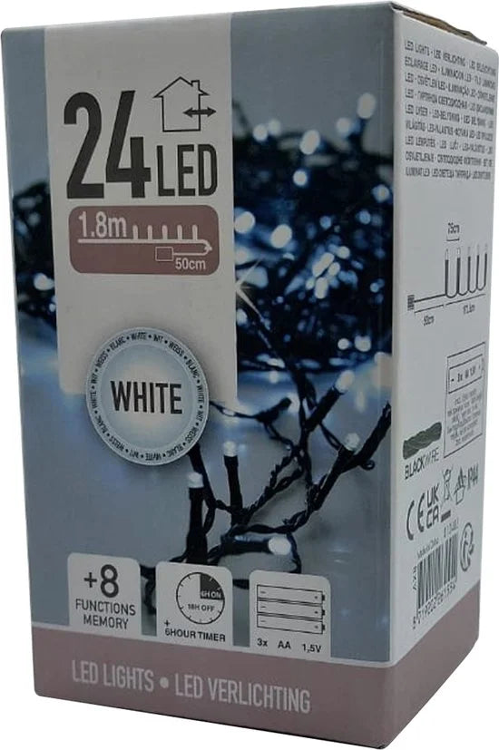 Kerstverlichting op batterijen - 8 functies - 24 LED's - 1.8 meter - Wit Licht