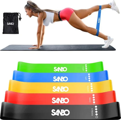 Sanbo Weerstandsbanden - set van 5 stuks - Extra sterk tot 18kg - 5 Kleuren - Incl. Opbergzakje - Resistance band set - Fitness Elastiek - Booty Band