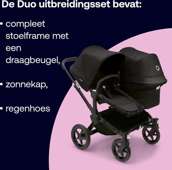 Bugaboo Donkey 5 Duo, complete uitbreidingsset, verbeterd design, omkeerbare stoel en sturen met één hand, Midnight Black