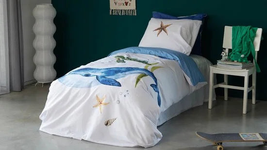 Snoozing Tavion Dekbedovertrek - Flanel - Eenpersoons - 140x200/220 cm + 1 sloop) - Wit/Blauw