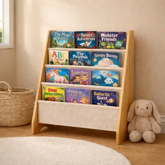 Kinderboekenkast - 76 x 62 x 28 cm - Bruin - Hout met Linnen - Kinderboekenrek - Boekenrek Kinderkamer