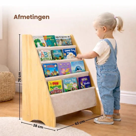 Kinderboekenkast - 76 x 62 x 28 cm - Bruin - Hout met Linnen - Kinderboekenrek - Boekenrek Kinderkamer