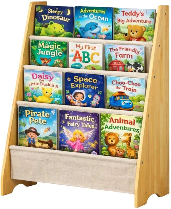 Kinderboekenkast - 76 x 62 x 28 cm - Bruin - Hout met Linnen - Kinderboekenrek - Boekenrek Kinderkamer