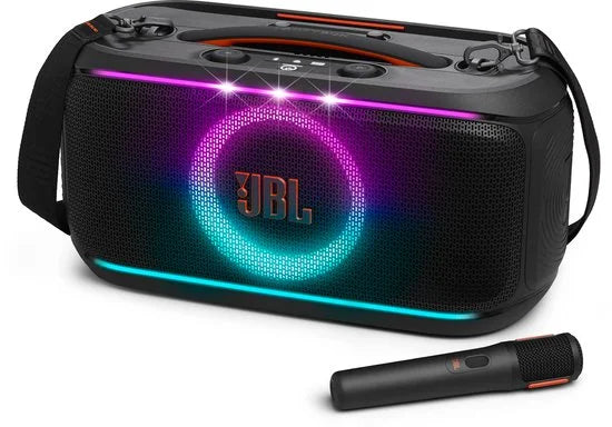 JBL PartyBox On The Go 2 – Draagbare Bluetooth Speaker - Met Draadloze Microfoon - Handige Schouderriem - LED verlichting - Spatwaterdicht - Zwart