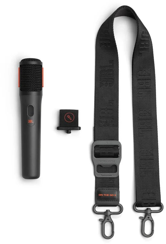 JBL PartyBox On The Go 2 – Draagbare Bluetooth Speaker - Met Draadloze Microfoon - Handige Schouderriem - LED verlichting - Spatwaterdicht - Zwart