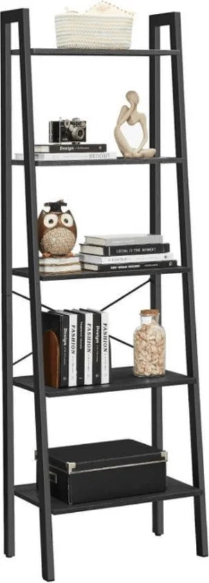 MAZAZU - Boekenkast - 5-laags ladderkast - Kast - Industrieel - houten planken & metalen frame - Zwart - 34x56x172cm