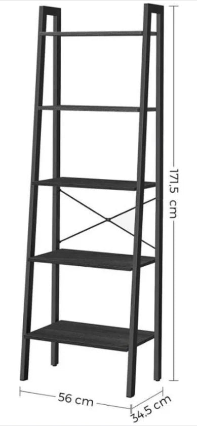 MAZAZU - Boekenkast - 5-laags ladderkast - Kast - Industrieel - houten planken & metalen frame - Zwart - 34x56x172cm