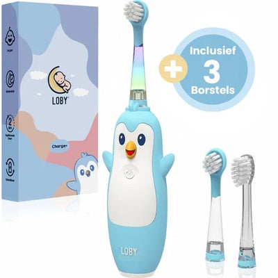 Loby Pïnguin - Elektrische tandenborstel kind - Baby tandenborstel - Oplaadbaar - Smart Timer - 0-6 Jaar - Inclusief 3 opzetborstels - Blauw