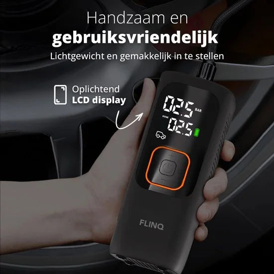 FlinQ Draagbare Compressor - Luchtcompressor - Elektrische Bandenpomp voor Fiets en Auto - Fietspomp USB-oplaadbaar - 12V