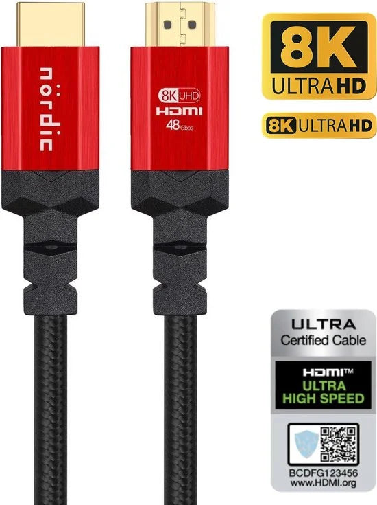 NÖRDIC HDMI-N1017 HDMI Ultra High Speed kabel - Gecertificeerd - 8K 60Hz - 48Gbps - Dynamische HDR eARC ondersteuning - HDMI 2.1 - 1.5m - Rood/Zwart