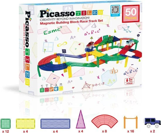 Tactic Picasso Tiles - Constructiespeelgoed - Magnetic Tiles - Magnetische Tegels - Race Track - STEM Speelgoed - Magnetische Racebaan met 2 LED auto