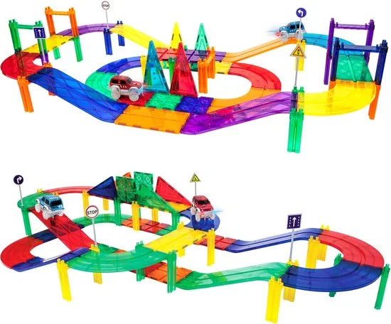 Tactic Picasso Tiles - Constructiespeelgoed - Magnetic Tiles - Magnetische Tegels - Race Track - STEM Speelgoed - Magnetische Racebaan met 2 LED auto