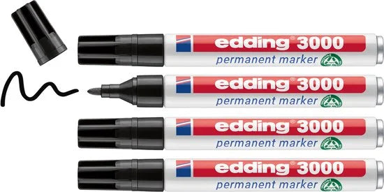 edding 3000 permanent marker - zwart - 4 stiften - ronde punt 1,5-3 mm - water en wrijfvast - voor karton, kunststof, hout, metaal, etc. - alcohol ma