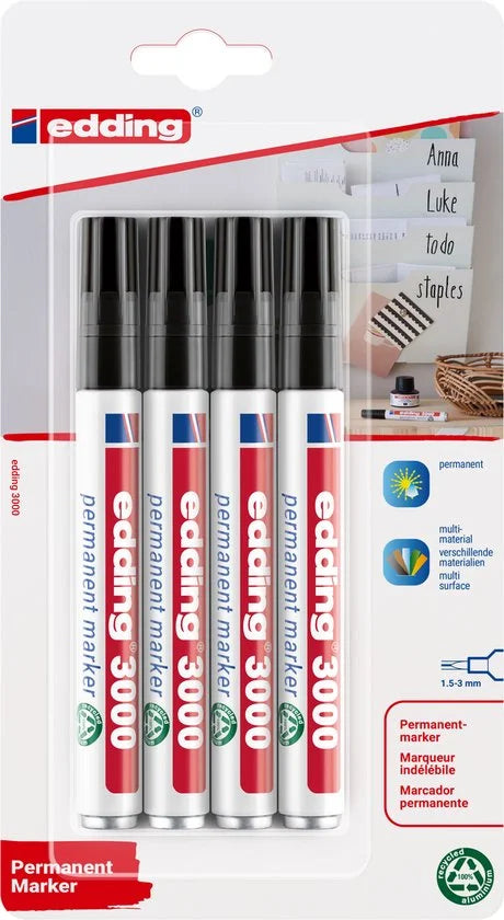 edding 3000 permanent marker - zwart - 4 stiften - ronde punt 1,5-3 mm - water en wrijfvast - voor karton, kunststof, hout, metaal, etc. - alcohol ma