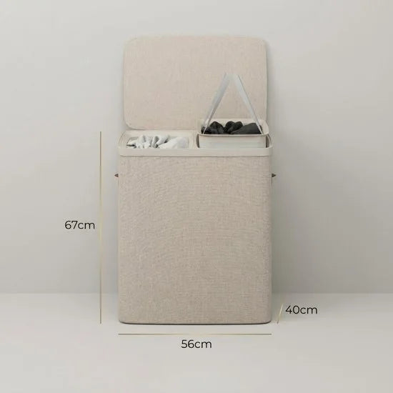 MAZAZU Wasmand 2 Vakken 100L – Deksel & Wassorteerder met Uitneembare Zakken - Beige
