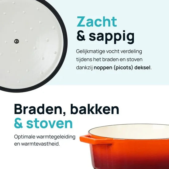 MOA Gietijzeren Braadpan - 7,2L Stoofpot - Voor Alle Warmtebronnen incl. Inductie - Met Deksel - Ø 30cm - Anti-Aanbaklaag - PFAS-vrij - Oranje