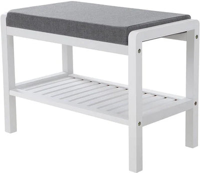 Bamboe Zitbank - 60 x 43 x 32 cm - Wit en Grijs - Met Zitkussen en Schoenenrek