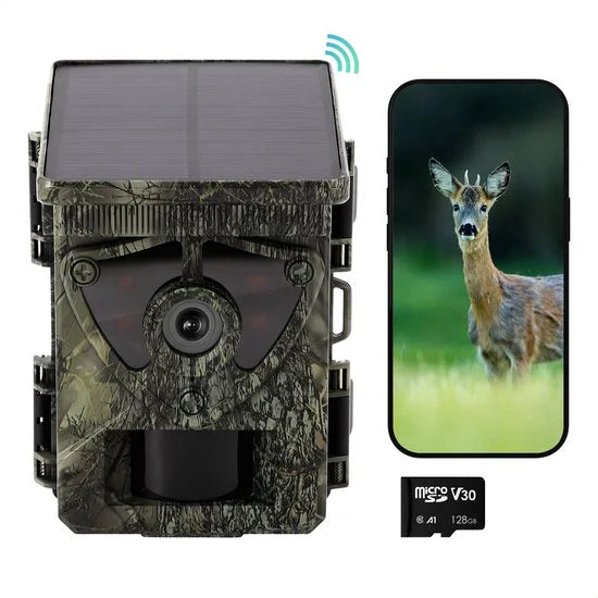 Siltcon® Wildcamera met Zonnepaneel Oplaadbaar - 8K Ultra HD & 60MP - Wildcamera met Nachtzicht en WiFi - No-Glow - Wildcamera Voor Buiten - Nachtzic