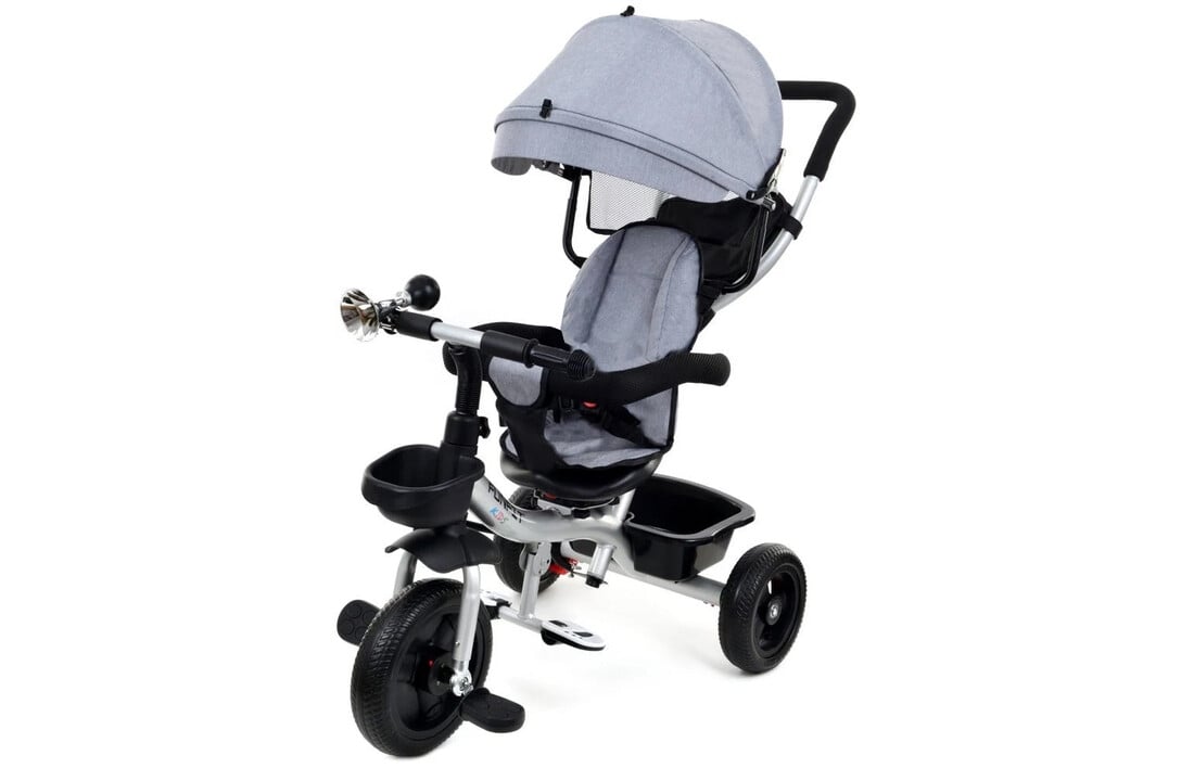 Mino Bambino Driewieler – Grijze Kindertrike met Duwstang & Veiligheidsriem | Comfortabel & Groeit Mee
