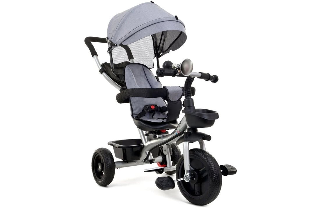 Mino Bambino Driewieler – Grijze Kindertrike met Duwstang & Veiligheidsriem | Comfortabel & Groeit Mee