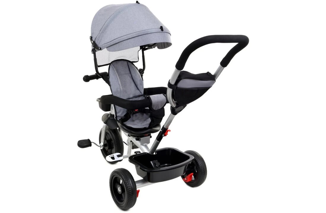 Mino Bambino Driewieler – Grijze Kindertrike met Duwstang & Veiligheidsriem | Comfortabel & Groeit Mee